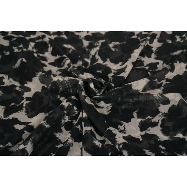 SALE Chiffon stof in beige met zwarte bloemen en lurex