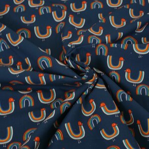 Stretchkatoen jeansblauw met regenboogvogeltjes