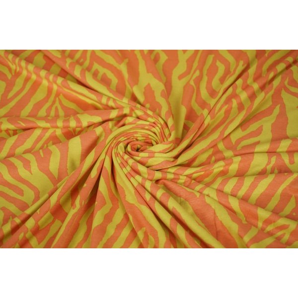 SALE Viscose tricot stof met zebrastreepjes geel-zalm