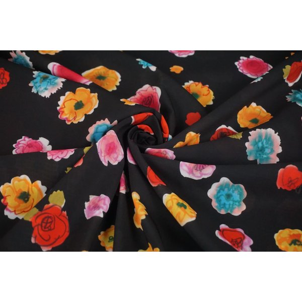 SALE Voile zwart met felgekleurde bloemen