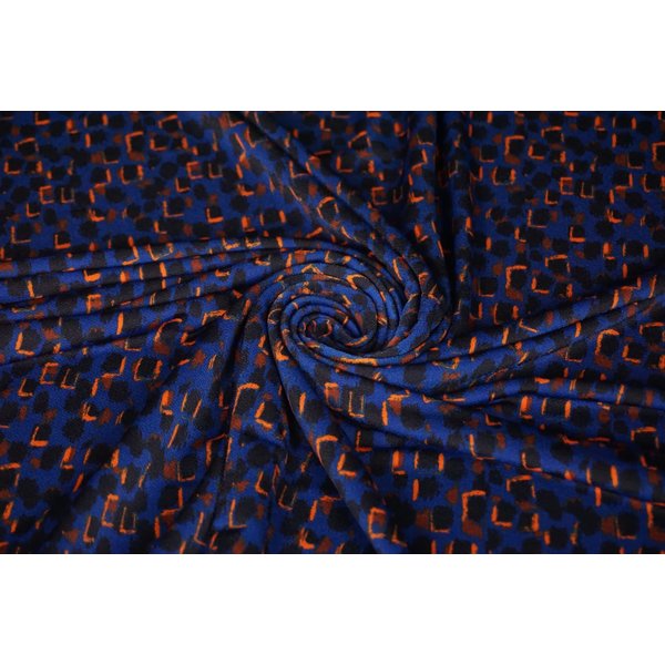 Coupon 589 polyester tricot blauw met zwart/oranje vakjes 170 x 140 cm