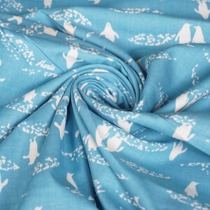 Katoen blauw met witte pinguins