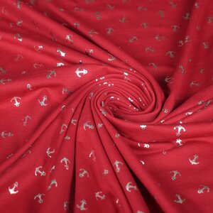  Katoenen tricot rood met zilveren ankertjes
