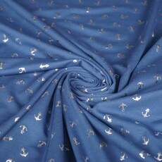  Katoenen tricot jeansblauw met zilveren ankertjes