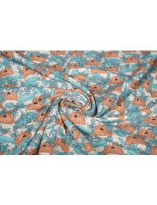  Katoenen tricot grijs met oranje tijgers