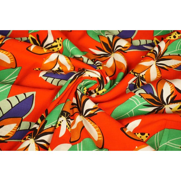 SALE Viscose stretch stof rood met vrolijke bloemen