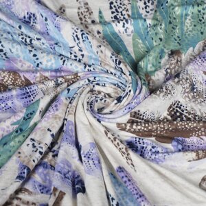  Tricot in linnenlook met print van veren lila en bruin