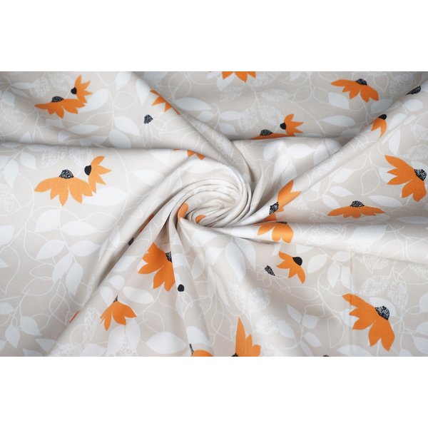 SALE Stretch katoen stof beige met oranje bloem