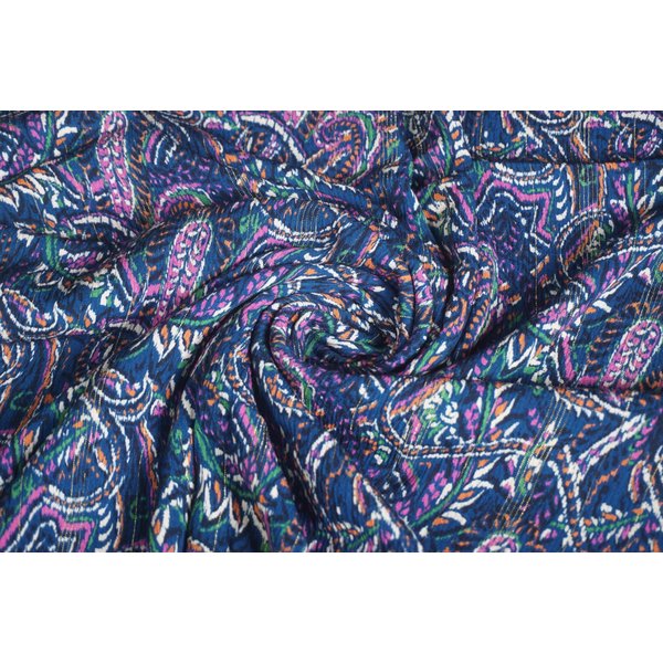 Viscose lurex donkerblauw met paarse print