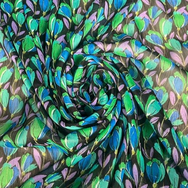 SALE Georgette groen blauwe bloemetjes
