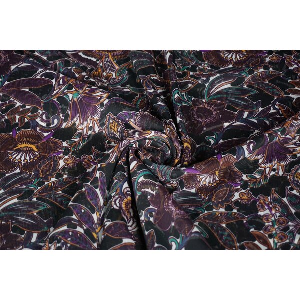 SALE Chiffon stof zwart met paarse bloemen
