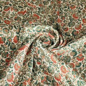 Crinkle polyester ecru met groene en rode bloem