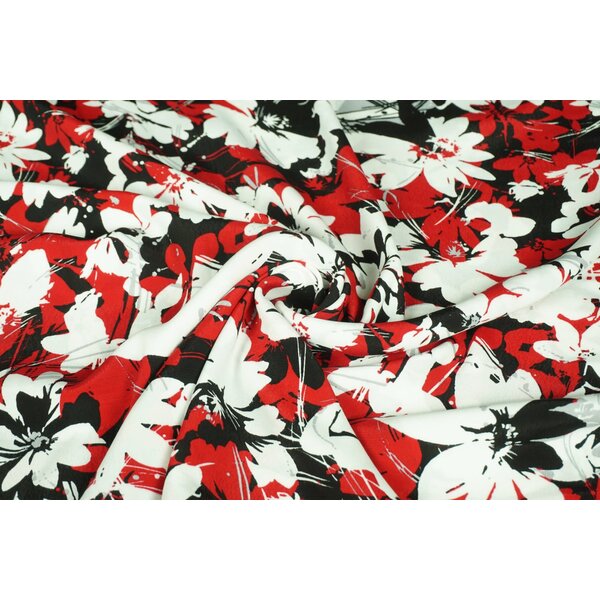 SALE Viscose stof zwart met rode en witte bloemen