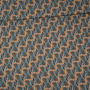  Viscose twill petrol met geel waaierpatron