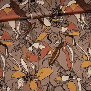  Satijn met bladdessin in bruintinten