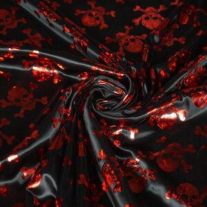  Stretch satijn met glimmende rode schedels