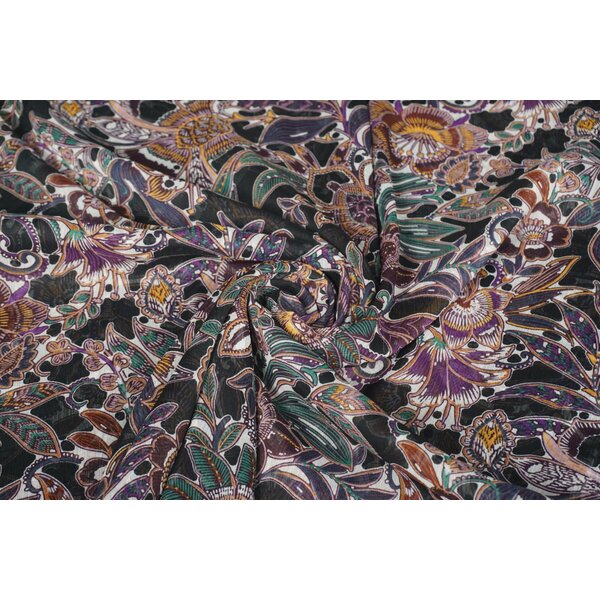 Coupon 180 Chiffon zwart met paarse bloemen 180 x 150 cm