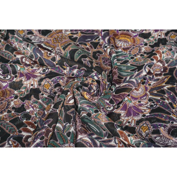 Coupon 21 Chiffon zwart met paarse bloemen 180 x 150 cm