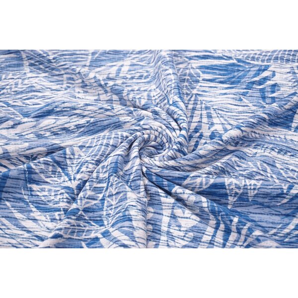 Coupon 976 Stretch crepe met bladeren blauw 180 x 140 cm