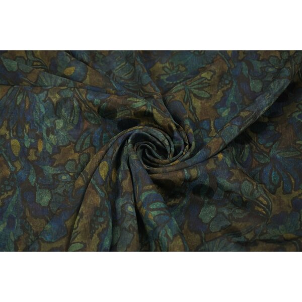 Crinkle chiffon stof donkergroen met blauwe bloem