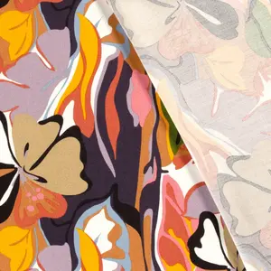 *** Viscose twill met dessin van grote bloemen donkerblauw en bruin