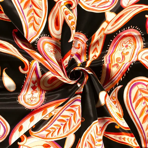 SALE Viscose satijn stof zwart met paisley oranje