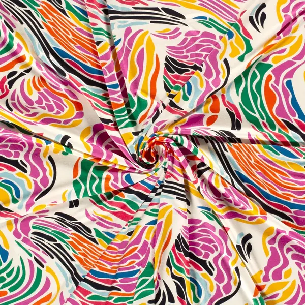 Viscose tricot stof met kleurrijke abstracte vormen