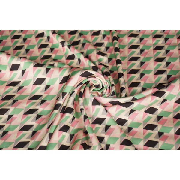 Satijn stof met retroblokjes in groen en roze