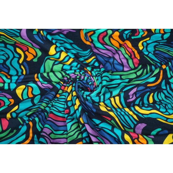 Viscose tricot stof met kleurrijke abstracte vormen blauw