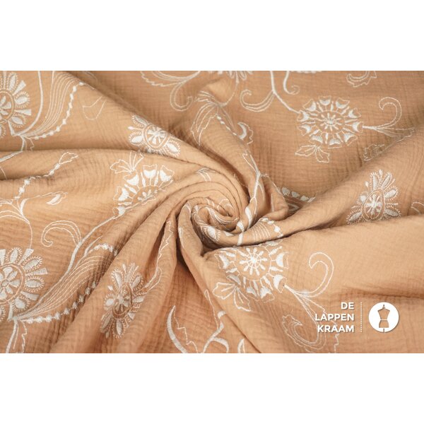 Geborduurde mousseline stof camel