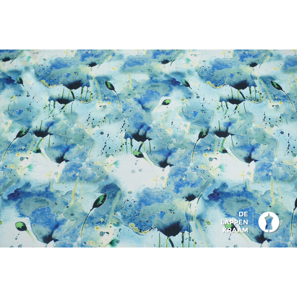 Coupon 928 Bubble polyester stretch met blauwe waterverf bloem 170 x 160 cm