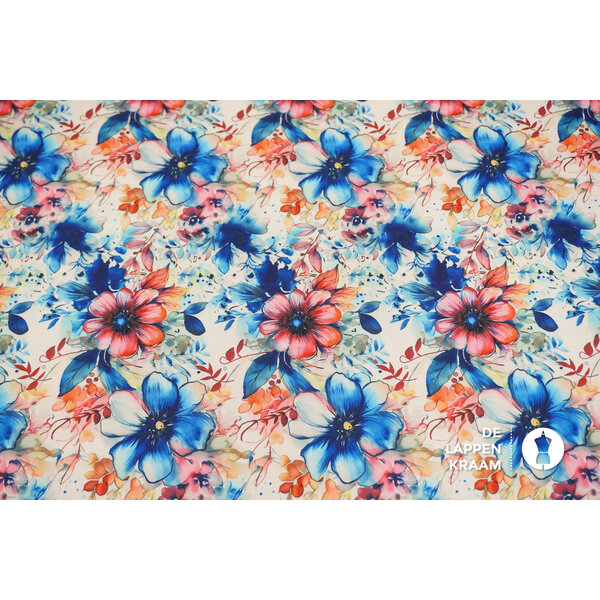 Coupon 916 Polyester stretch met blauwe bloemen 170 x 150 cm