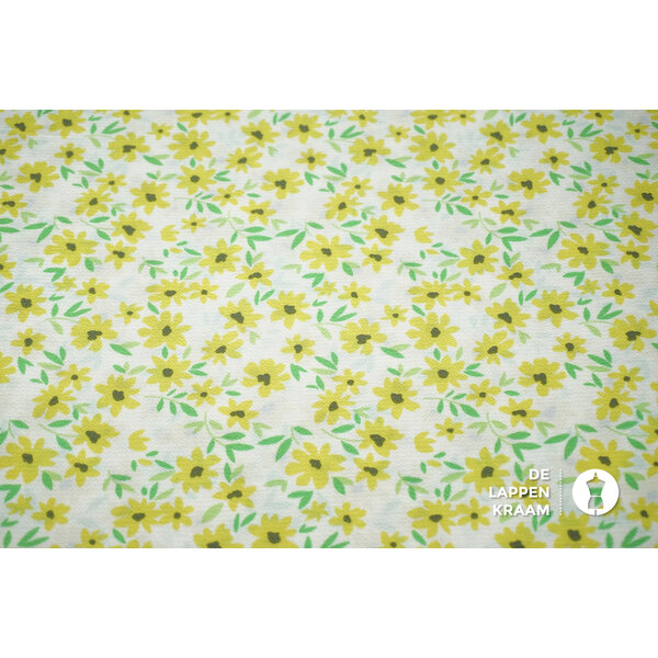 Coupon 980 Crepe ecru met gele bloemen 170 x 140 cm