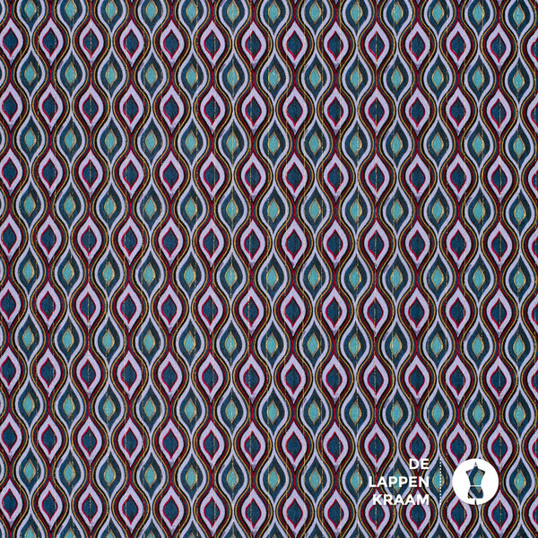 Viscose crepe stof met retroprint en lurex paarstinten