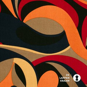  Viscose met dessin van ronde vormen oranje, rood en blauw