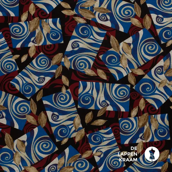 Coupon 36 Punta abstract blauw rood met blaadjes 170 x 150 cm