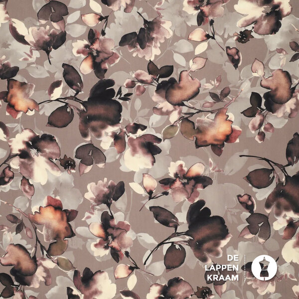 Viscose stof twill in taupe met waterverf bloemen
