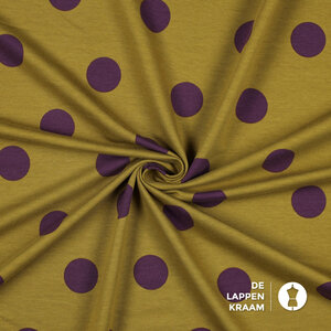  French terry stof in geel met paarse stippen