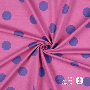  French terry stof in roze met paarse stippen