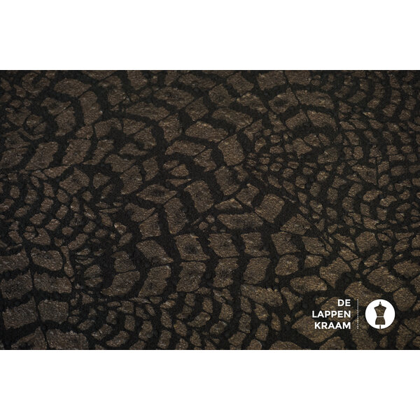 Gebreide boucle stof in zwart met bruine panterprint