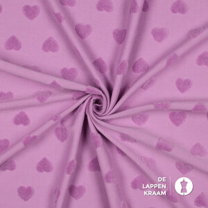 Tricot stof met 3D hartjes in lila
