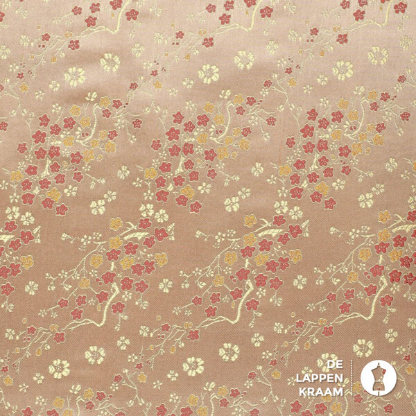 Damast satijn stof met japanse bloemen  beige