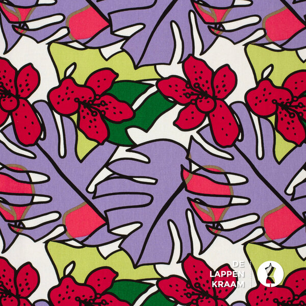 Linnenmix stof met tropische print in lila lime en roze