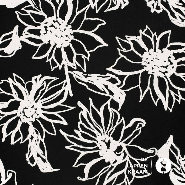Linnenmix stof in zwart met witte bloemtekening