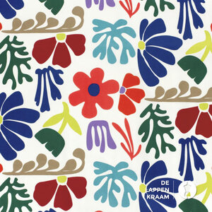 *** Stretchkatoen met satijnbinding met print van felle bladeren en bloemen