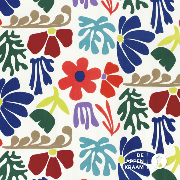 *** Stretchkatoen stof met satijnbinding met print van felle bladeren