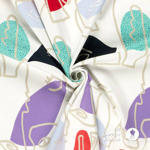 *** Stretchkatoen met satijnbinding met print van abstracte gezichten