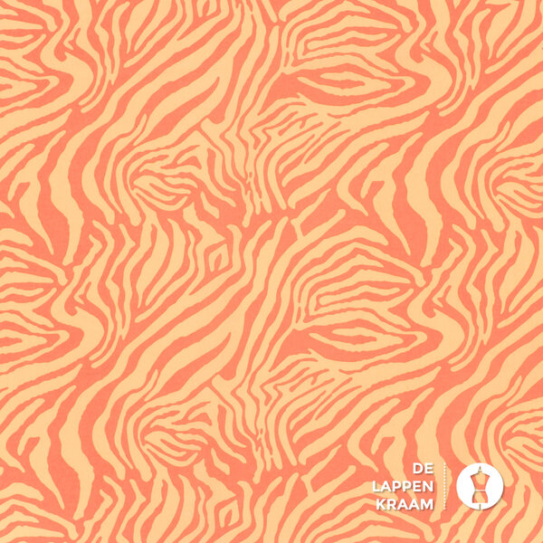 *** Dunne stretchpopeline in zalm met oranje strepenpatroon
