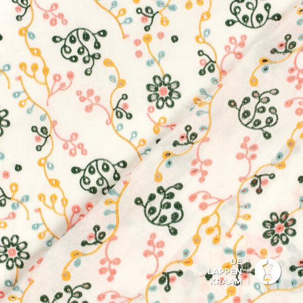 *** Broderie wit met gekleurd garen in groen, geel, blauw en roze