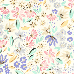 *** Dunne stretchpopeline wit met pastelkleurige bloemenprint